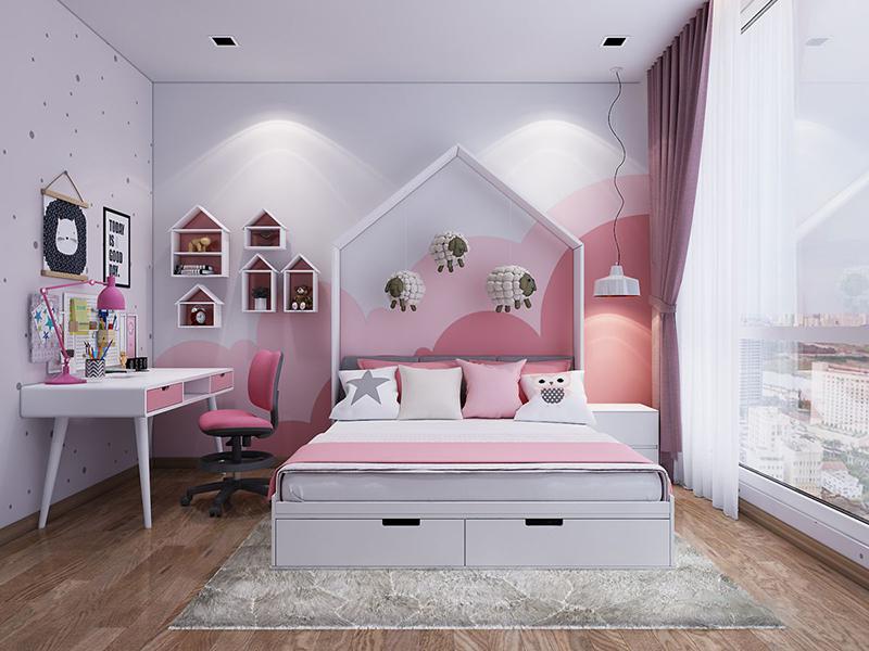 Phòng con nhỏ sẽ thích những màu sắc sinh động, đáng yêu, quý vị có thể pha trộn giữa màu trắng và màu hồng như trên kết hợp với kệ treo tường đẹp mắt sẽ giúp phòng con thêm độc đáo hơn.